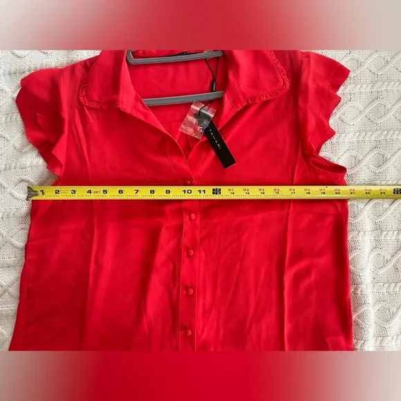 T Tahari Women's Reddish Orange Button-Down Blouse Flutter Sleeves Size Small - Picture 11 of 15